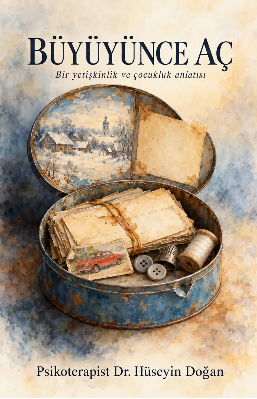 Büyüyünce Aç kitabının kapağı: içinde mektuplar, düğmeler ve bir araba resmi bulunan açık mavi teneke kutu